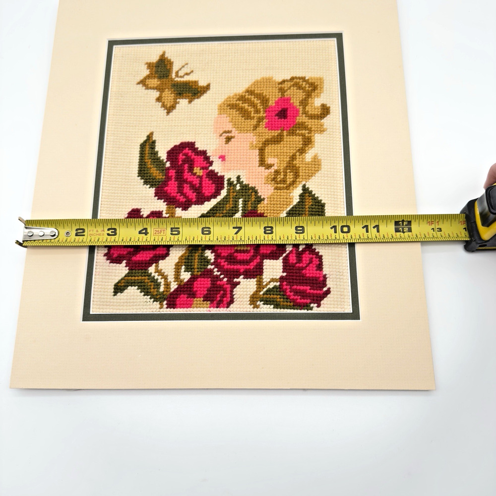 Vintage Completed Needlepoint Wall Art Flowers Girl 1970s Matted 12.5"x 14.25" - Picture 5 of 8